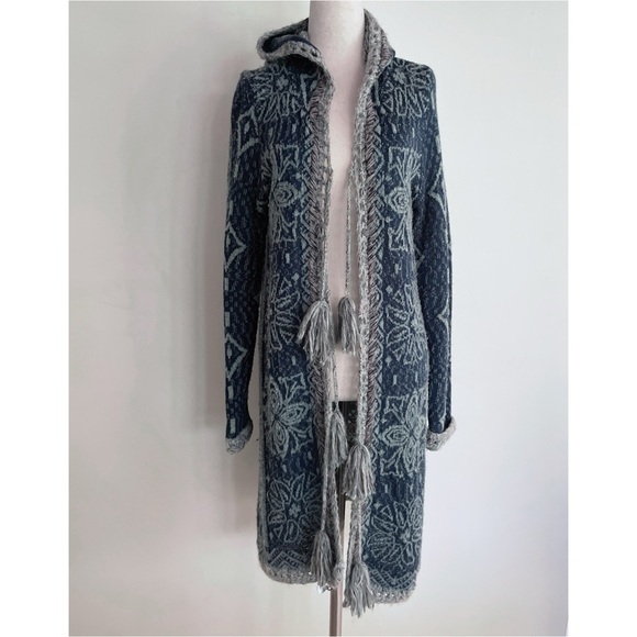 Free People Kai Pom Pom Fringe Geo Print Hooded Longline Long Cardigan Sweater M - Picture 6 of 9